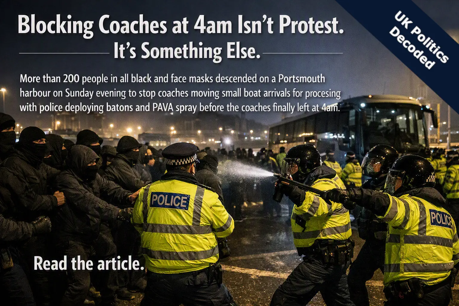 Police officers maintaining order at a UK port, representing the policing response to organised anti immigration protests at Dover and Portsmouth in September 2026