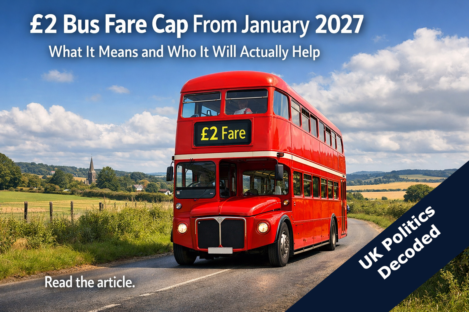 A red double decker bus on a rural English road, representing the government's £2 bus fare cap announcement for 2027