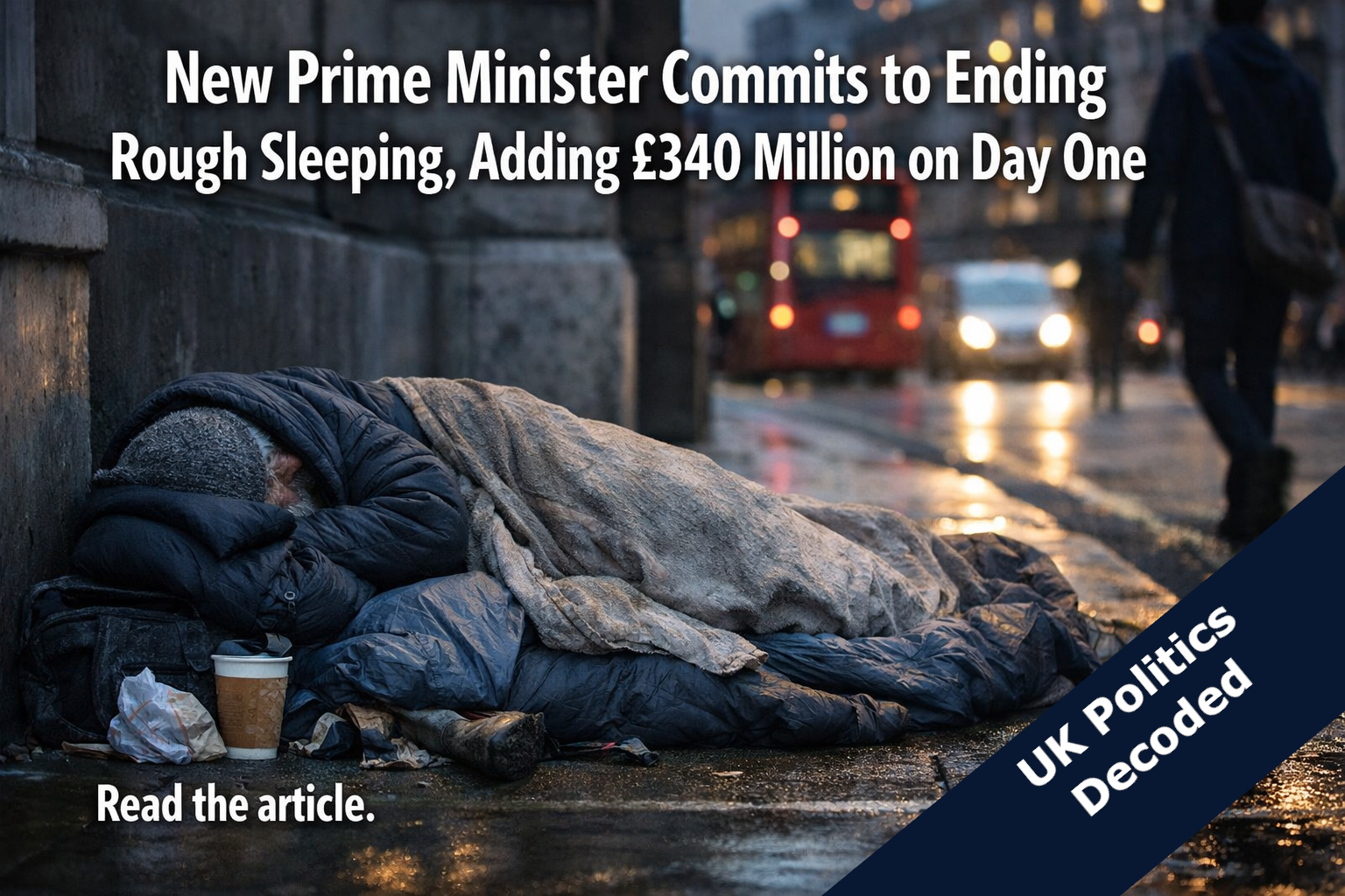 A person sleeping rough on a street in a UK city, representing the homelessness crisis