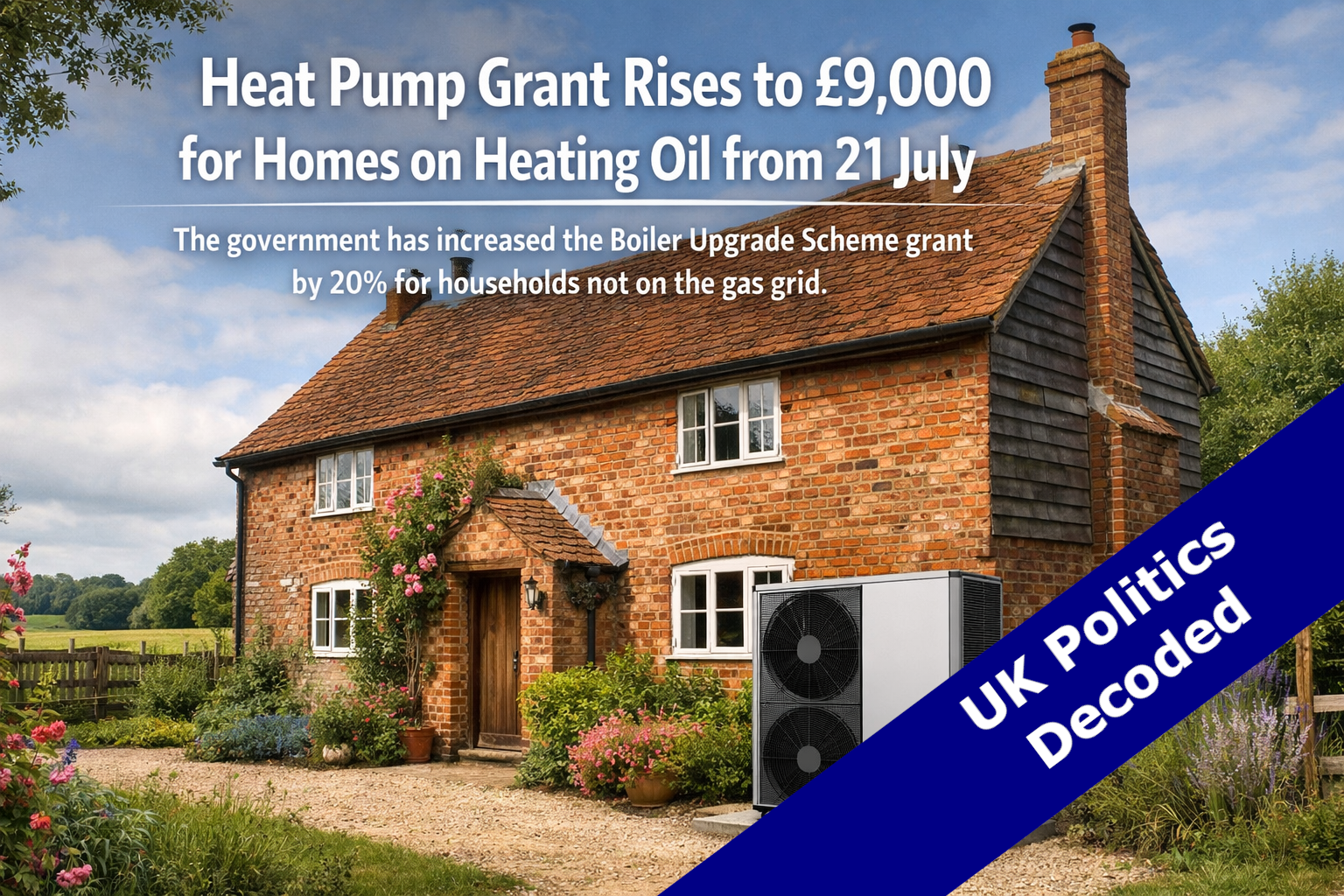 A rural home in England with an air source heat pump unit installed outside, representing the Boiler Upgrade Scheme grant increase for heating oil households