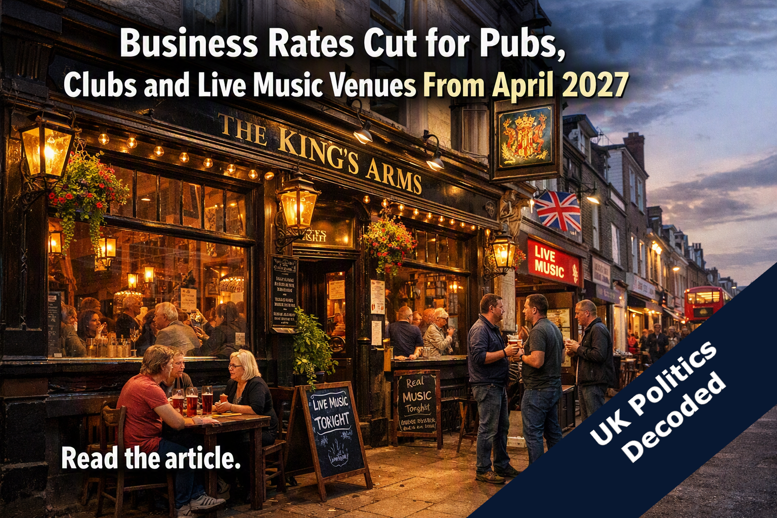 A traditional British pub on a high street, representing the government's 20% business rates cut for pubs, clubs and live music venues from April 2027