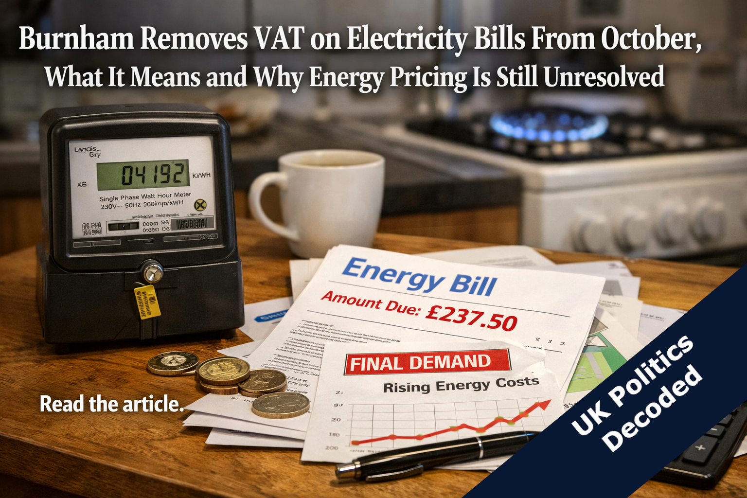 An electricity meter and household bills on a kitchen table, representing rising energy costs for UK households