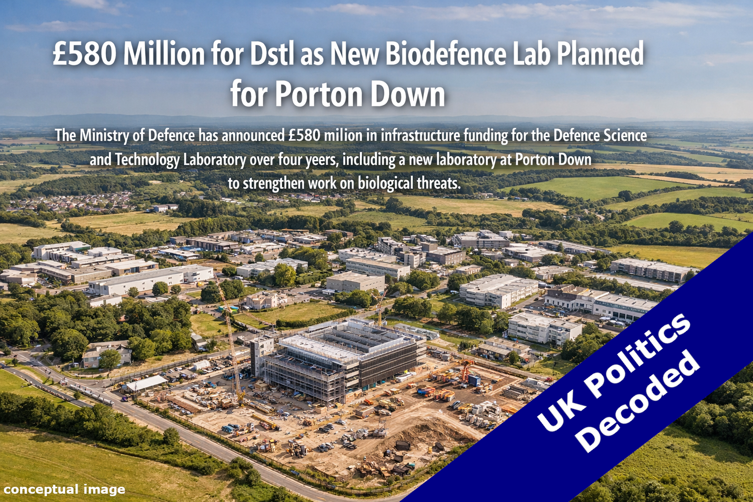 Aerial view representing Porton Down research site where a new £580 million Dstl biodefence laboratory will be built under the UK Defence Investment Plan