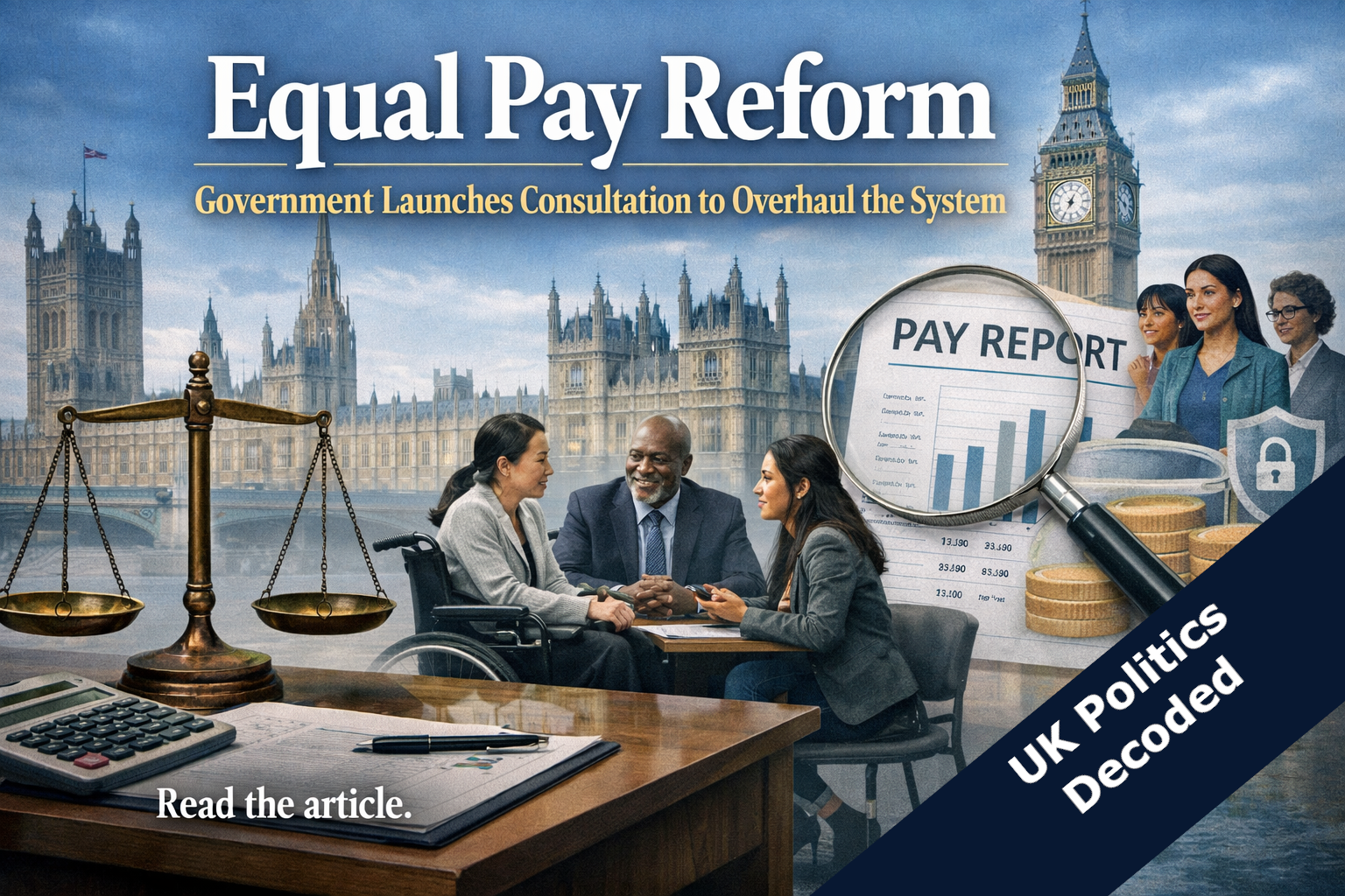 Illustration representing the UK government's 2026 consultation on reforming the equal pay framework under the Equality Act 2010, covering pay transparency, enforcement, and protections for ethnic minority and disabled workers
