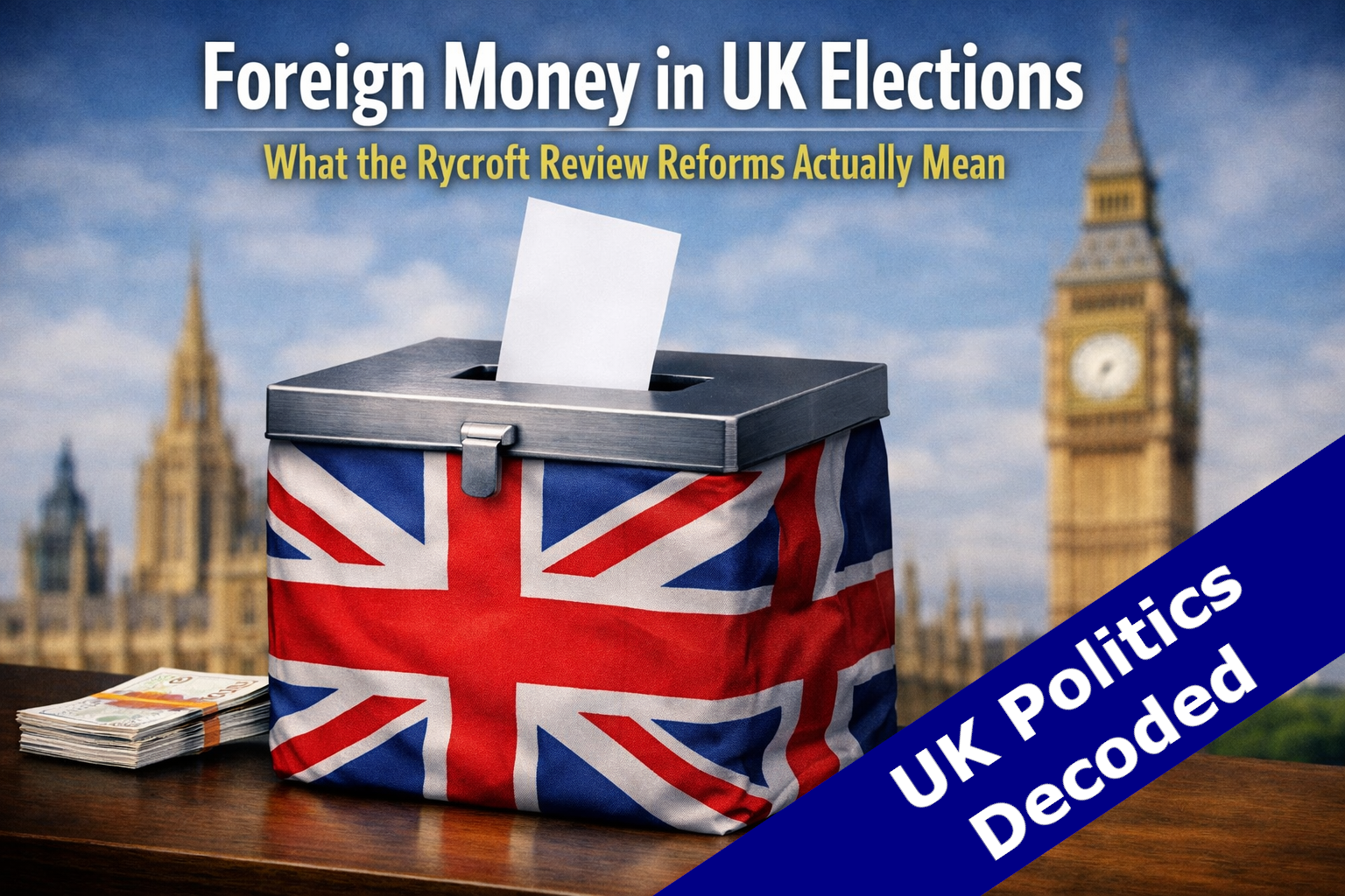 A ballot box with a Union Jack flag representing new rules on foreign donations to UK political parties announced 6 July 2026