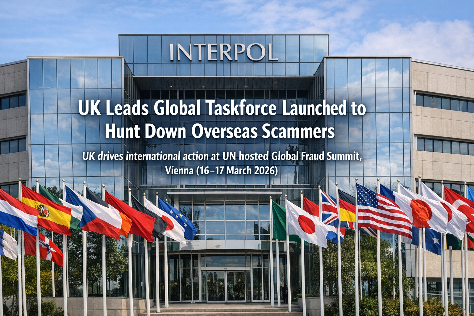 INTERPOL headquarters with flags of member nations