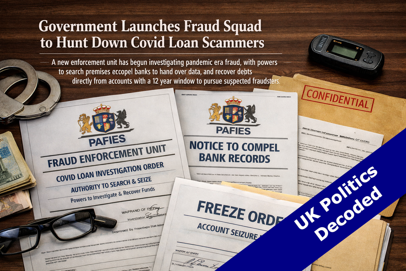 Official documents and a government crest representing PAFIES Covid fraud enforcement powers