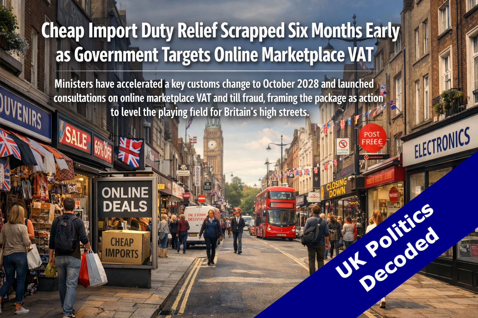 A busy UK high street with shop fronts, representing government reform of customs duties and online marketplace VAT rules