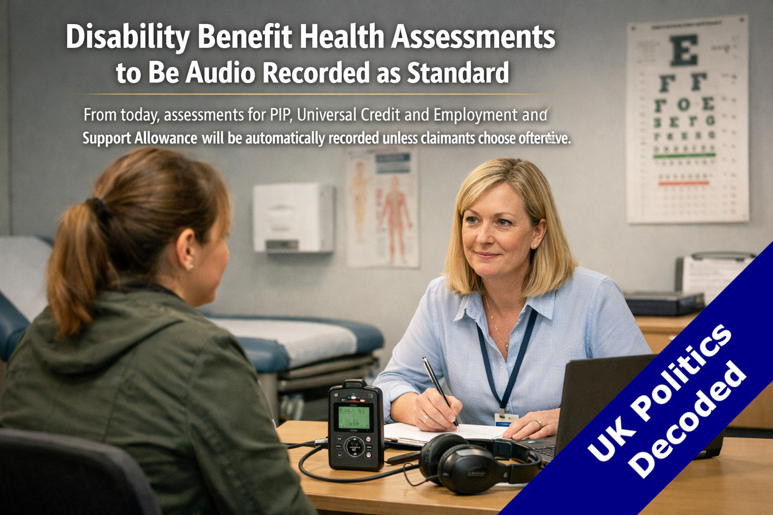 A person sitting across from a health assessor in a clinical setting, representing the new policy of automatically audio recording disability benefit health assessments