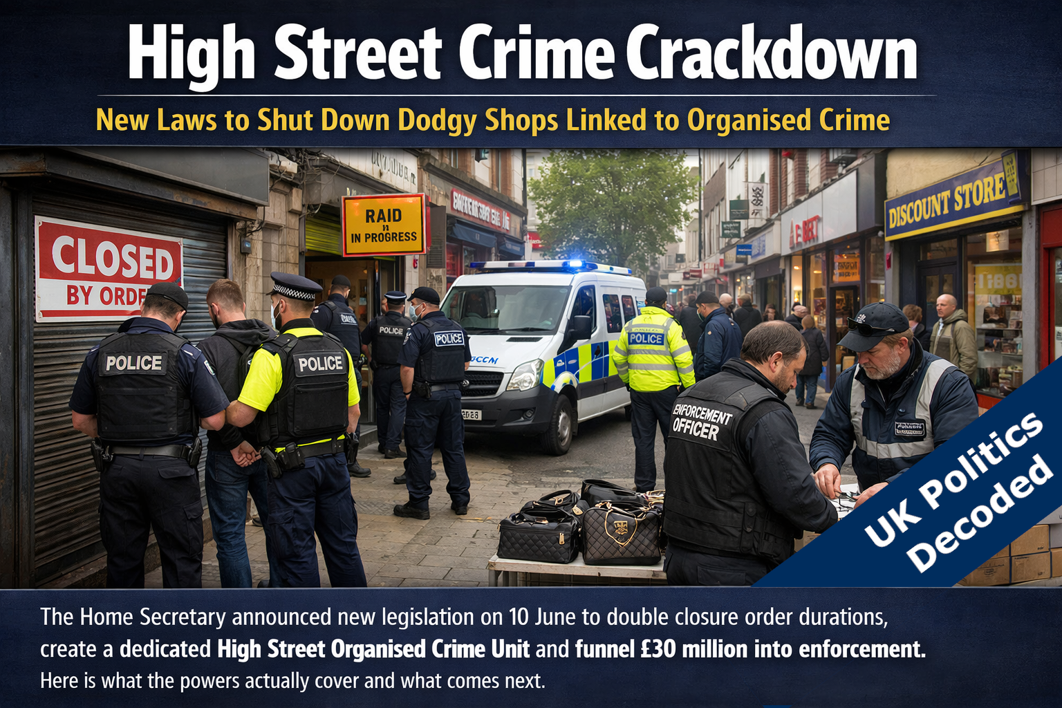 Illustration representing a high street with police and local authority enforcement against organised crime in the UK
