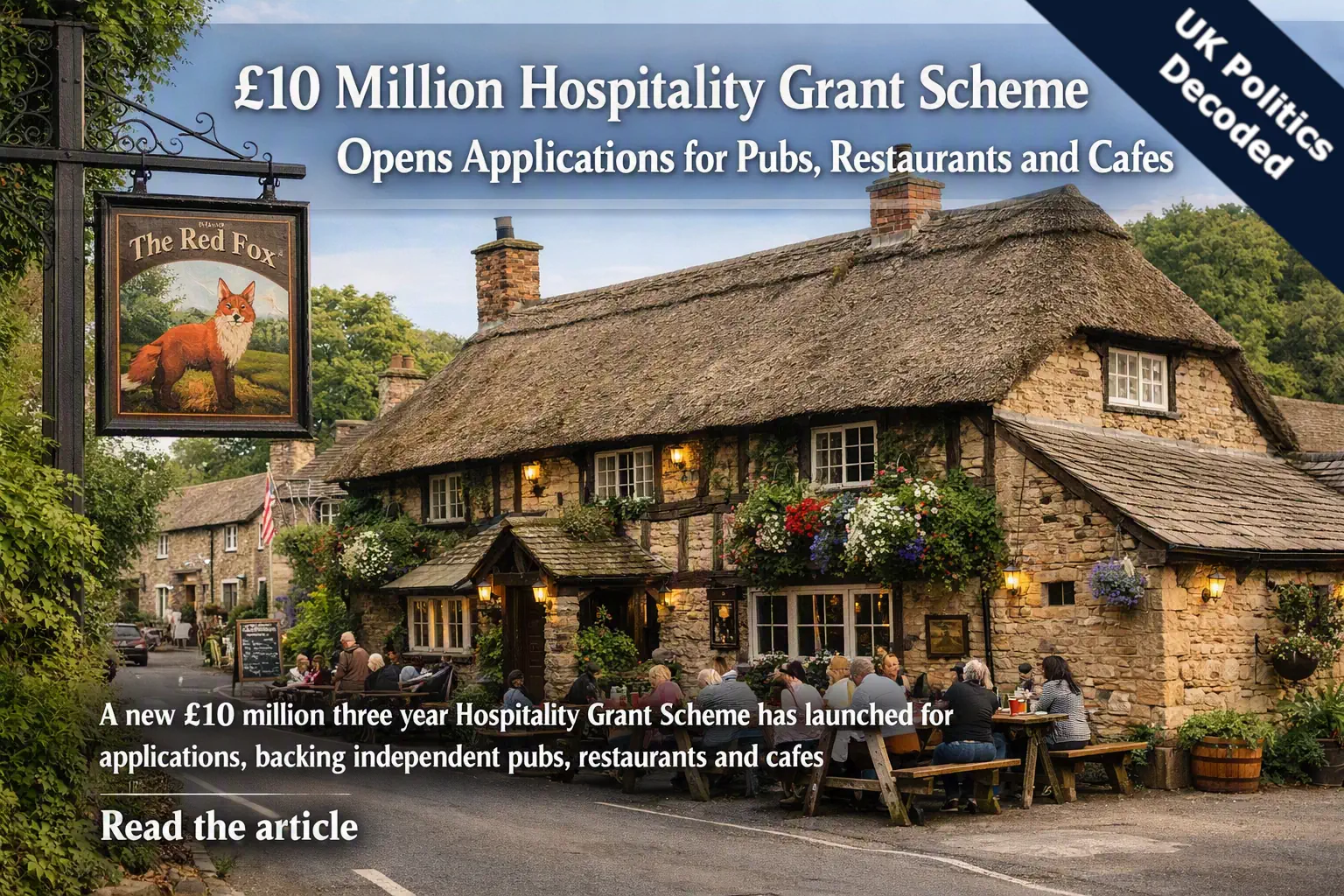 A traditional British village pub with a wooden sign, representing the independent hospitality venues targeted by the government's £10 million Hospitality Grant Scheme