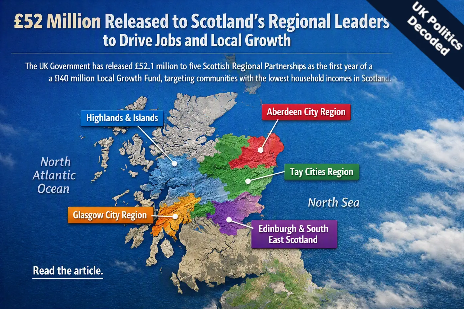 Map of Scotland highlighting the five Regional Partnership areas receiving funding from the UK Government's Local Growth Fund in September 2026