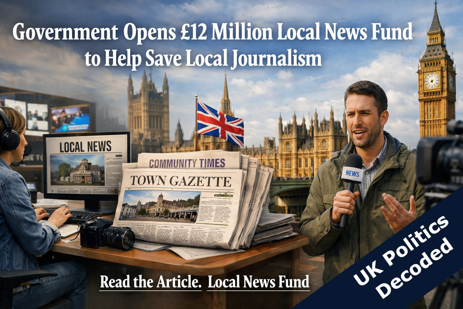 Illustrated graphic representing the government's £12 million Local News Fund launched July 2026