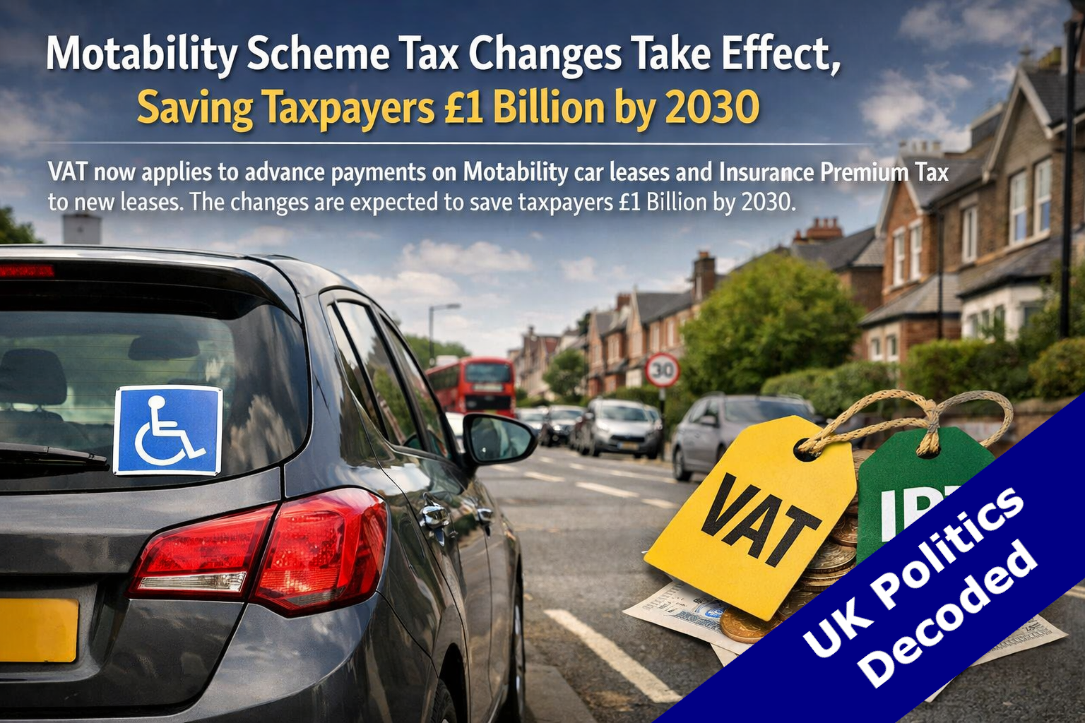 A Motability vehicle on a UK street representing the new tax rules on Motability car leases coming into force on 1 July 2026