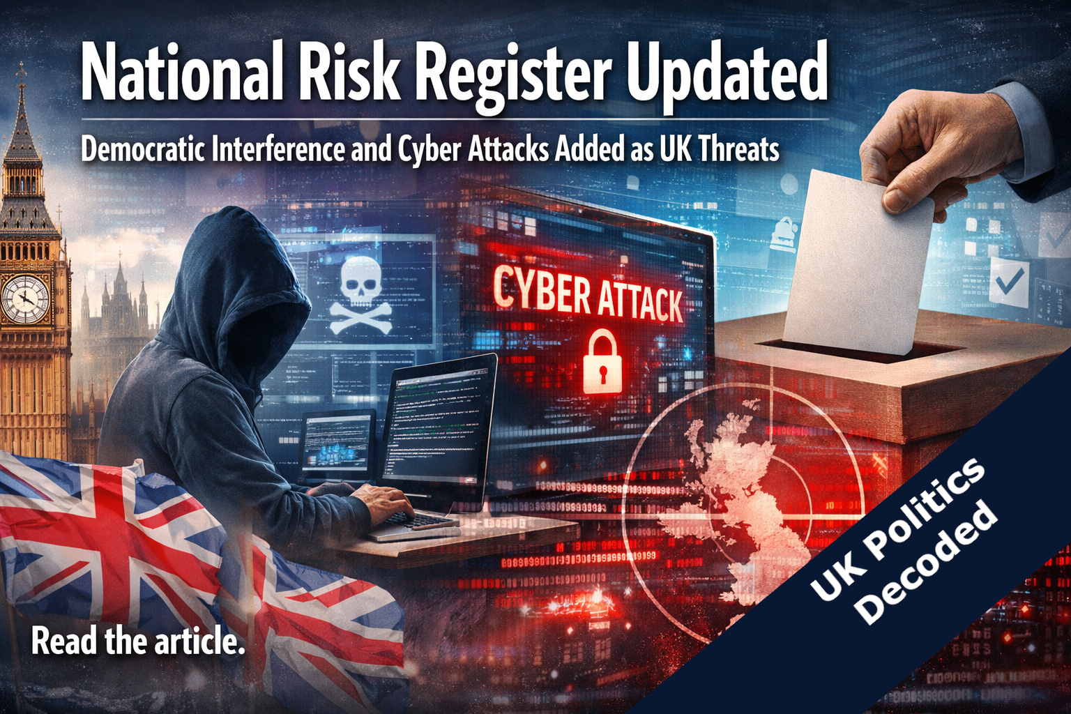 Illustration representing the UK government's 2026 update to the National Risk Register, adding democratic interference and cyber attacks to the list of national threats
