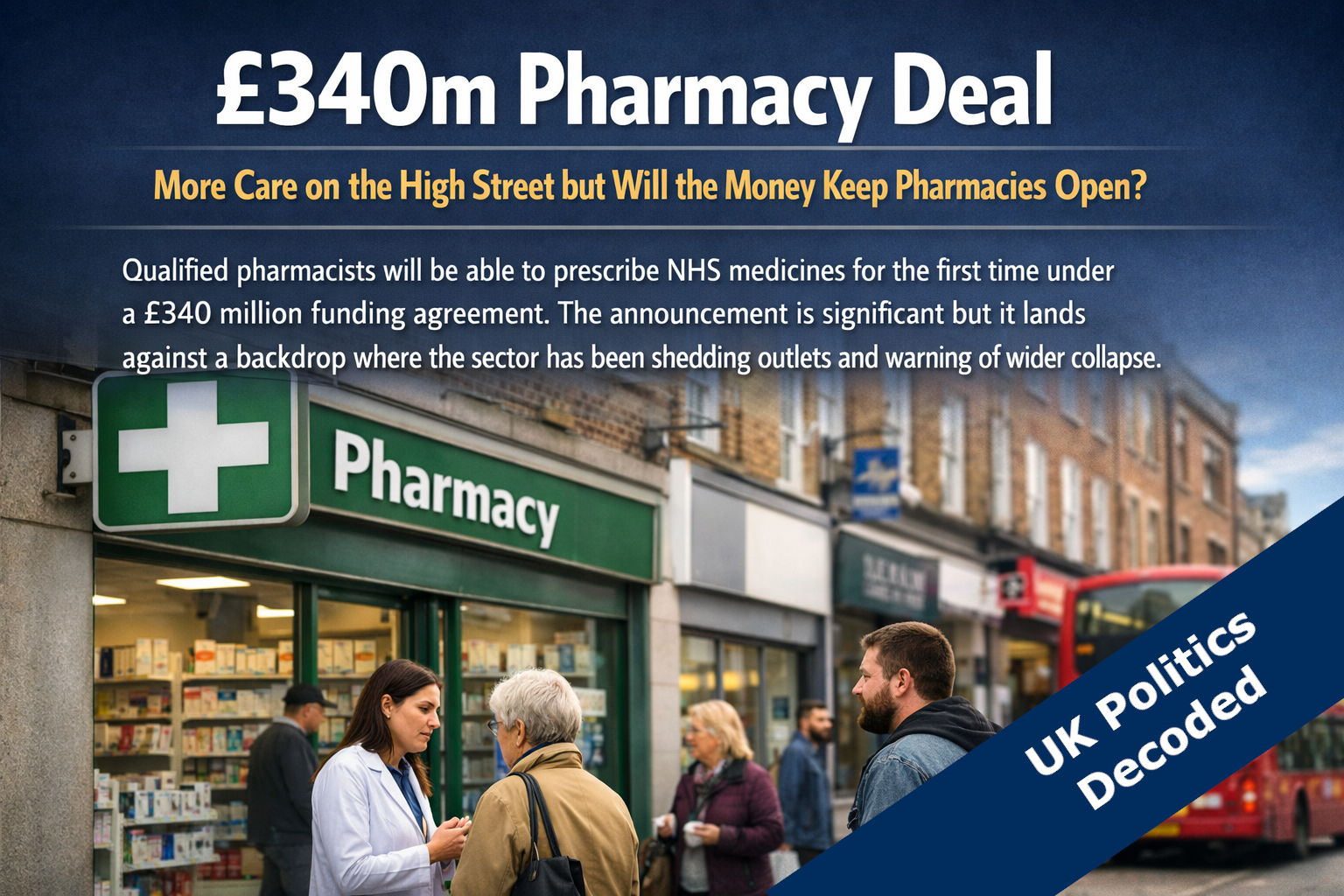 A community pharmacy on a UK high street representing the £340 million NHS pharmacy funding deal announced in May 2026
