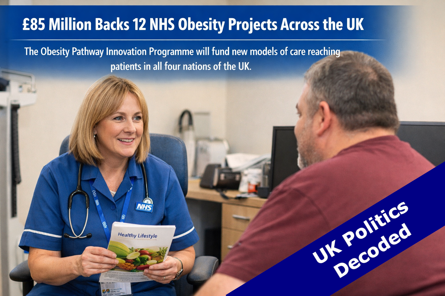 NHS health professional speaking with a patient, representing new obesity care pathway funding across the UK