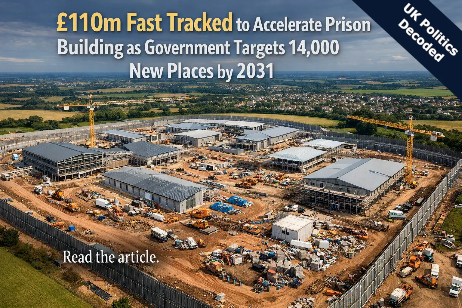 Aerial view representing large scale prison construction in England and Wales, illustrating the government's £110m prison building investment announced in September 2026