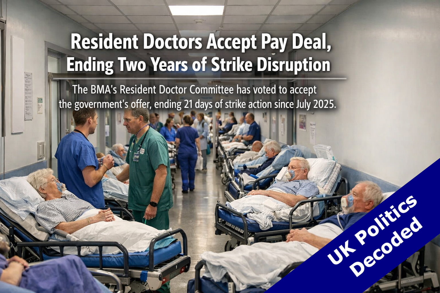 An NHS hospital corridor representing the end of resident doctor strikes following a government pay deal in June 2026