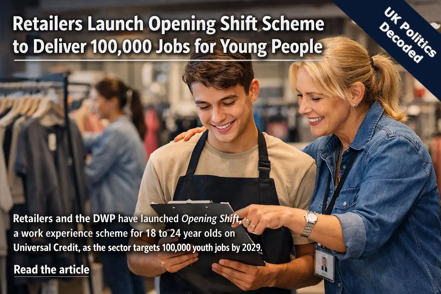 Young person receiving workplace mentoring during a retail placement, representing the new Opening Shift work experience scheme for 18 to 24 year olds