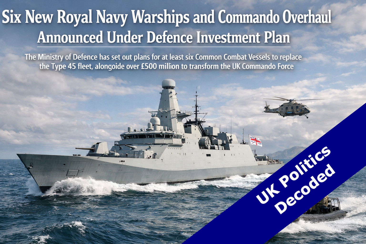 A Royal Navy warship at sea representing the announcement of six new Common Combat Vessels and Future Commando Force transformation under the UK Defence Investment Plan