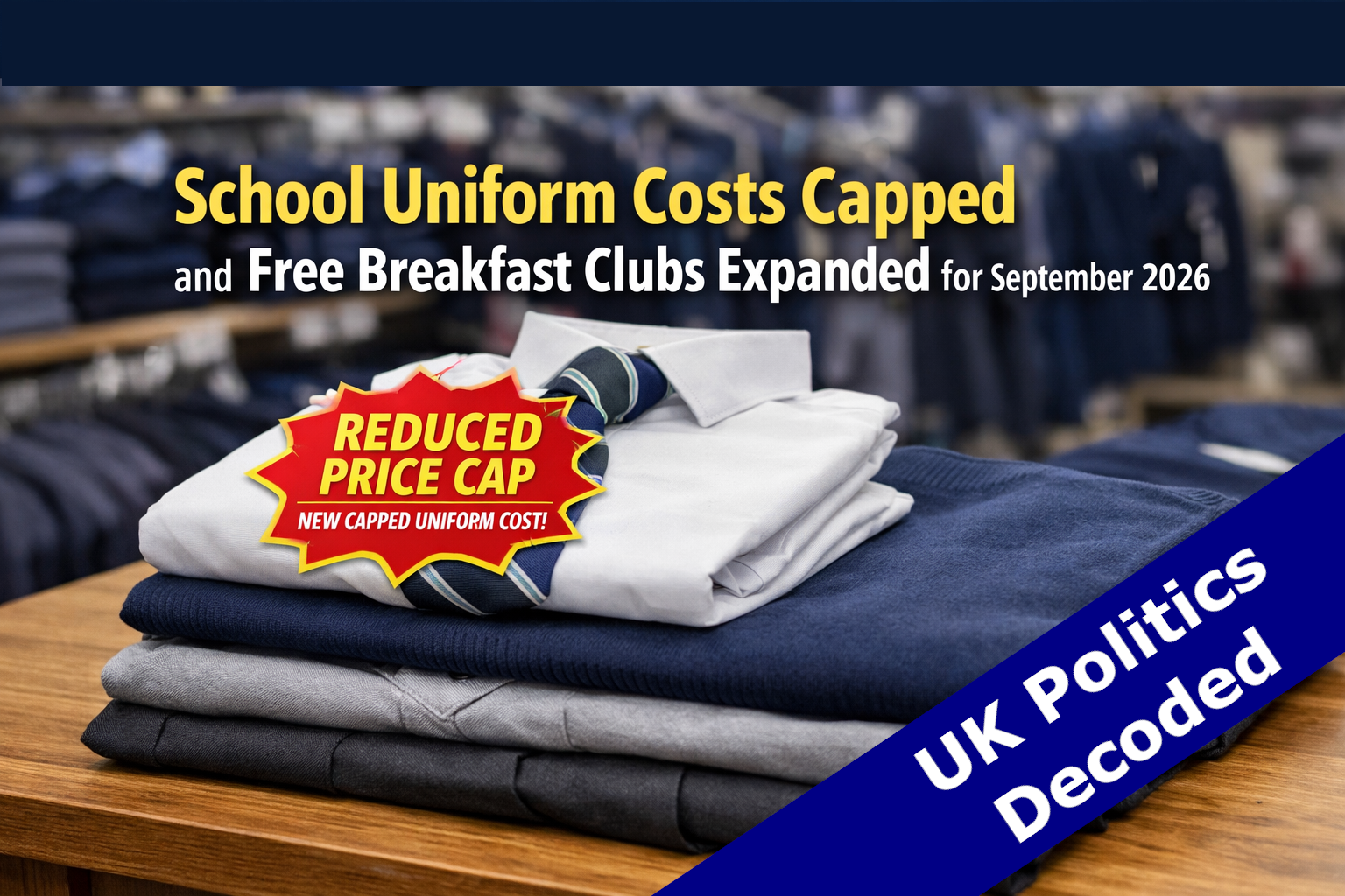 School children in uniform representing the new branded uniform cap and free breakfast club expansion announced by the Department for Education in July 2026