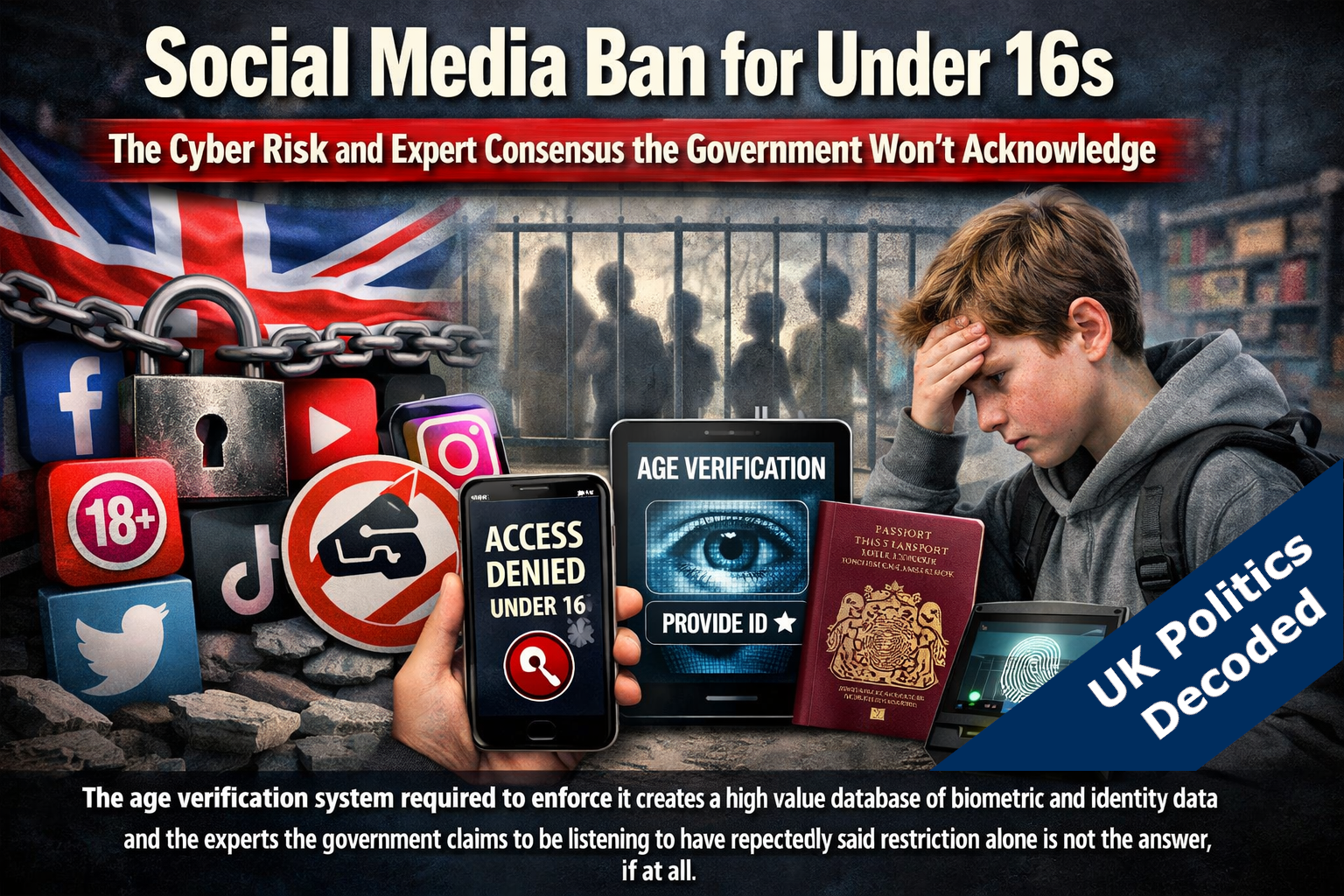 Illustration representing social media restriction and age verification for children in the UK