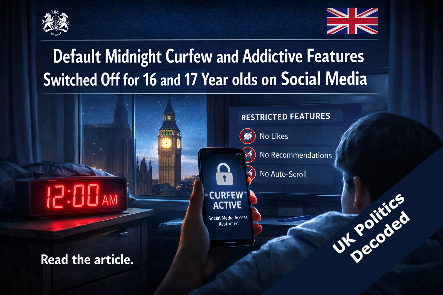 Illustration representing the UK government's 2026 announcement of default overnight social media curfews and algorithmic restrictions for 16 and 17 year olds