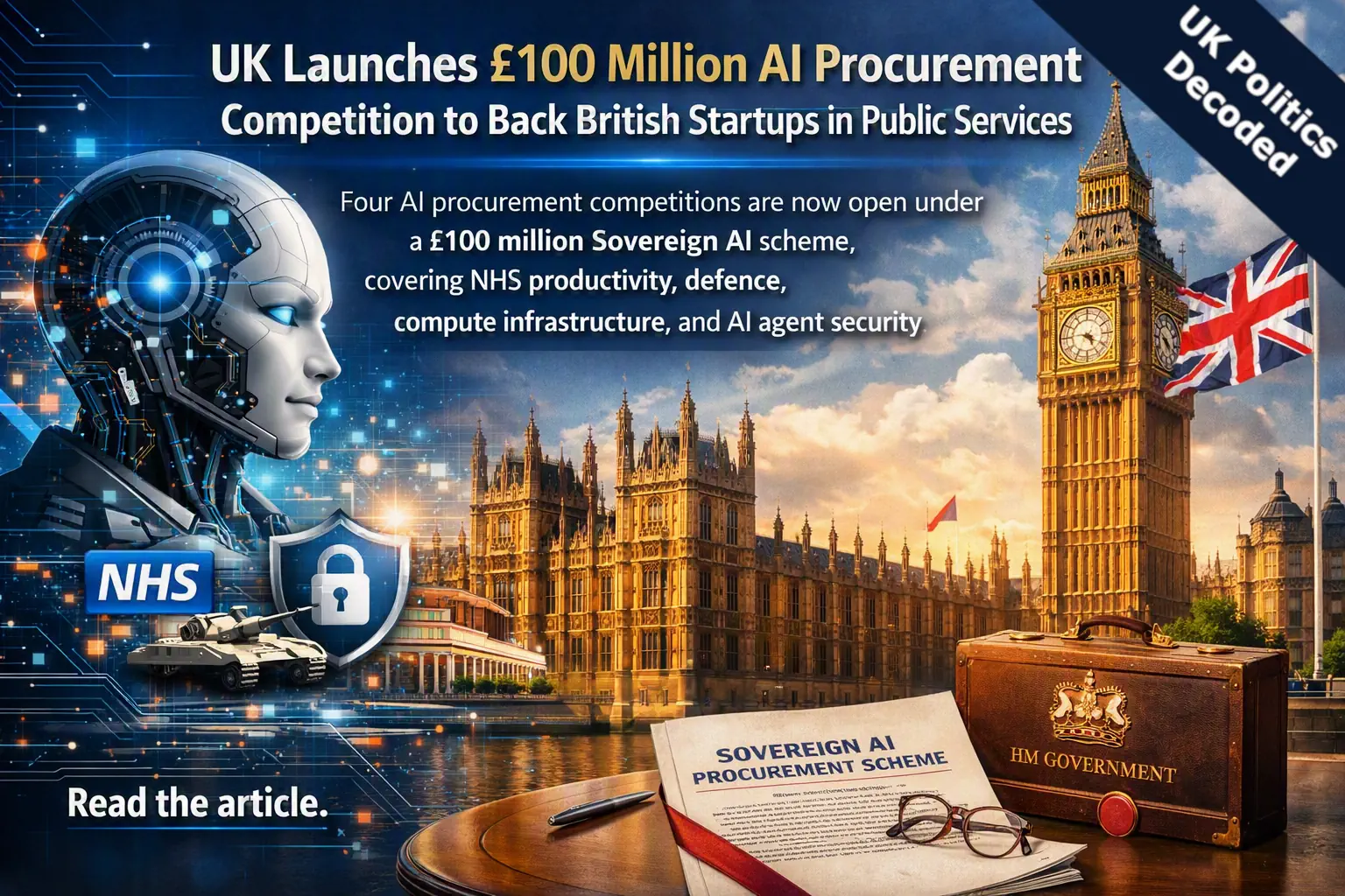 Digital graphic representing artificial intelligence and government procurement, symbolising the UK's Sovereign AI R&D Procurement Scheme launched in August 2026