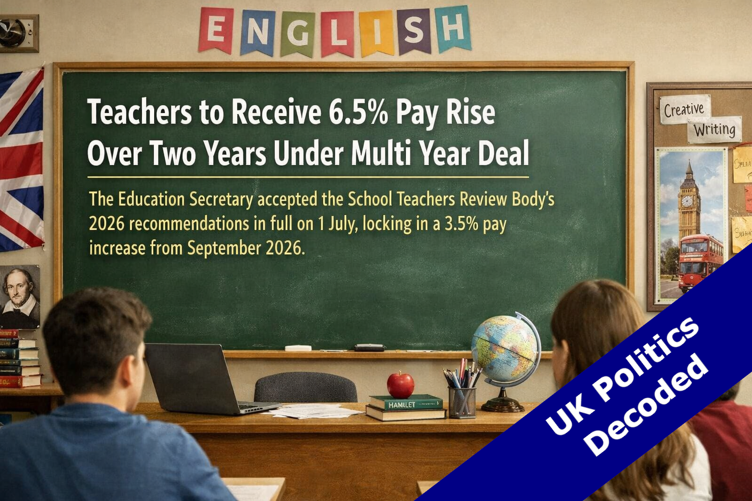 A classroom in an English school representing the 2026 multi year teacher pay deal announced by the Department for Education