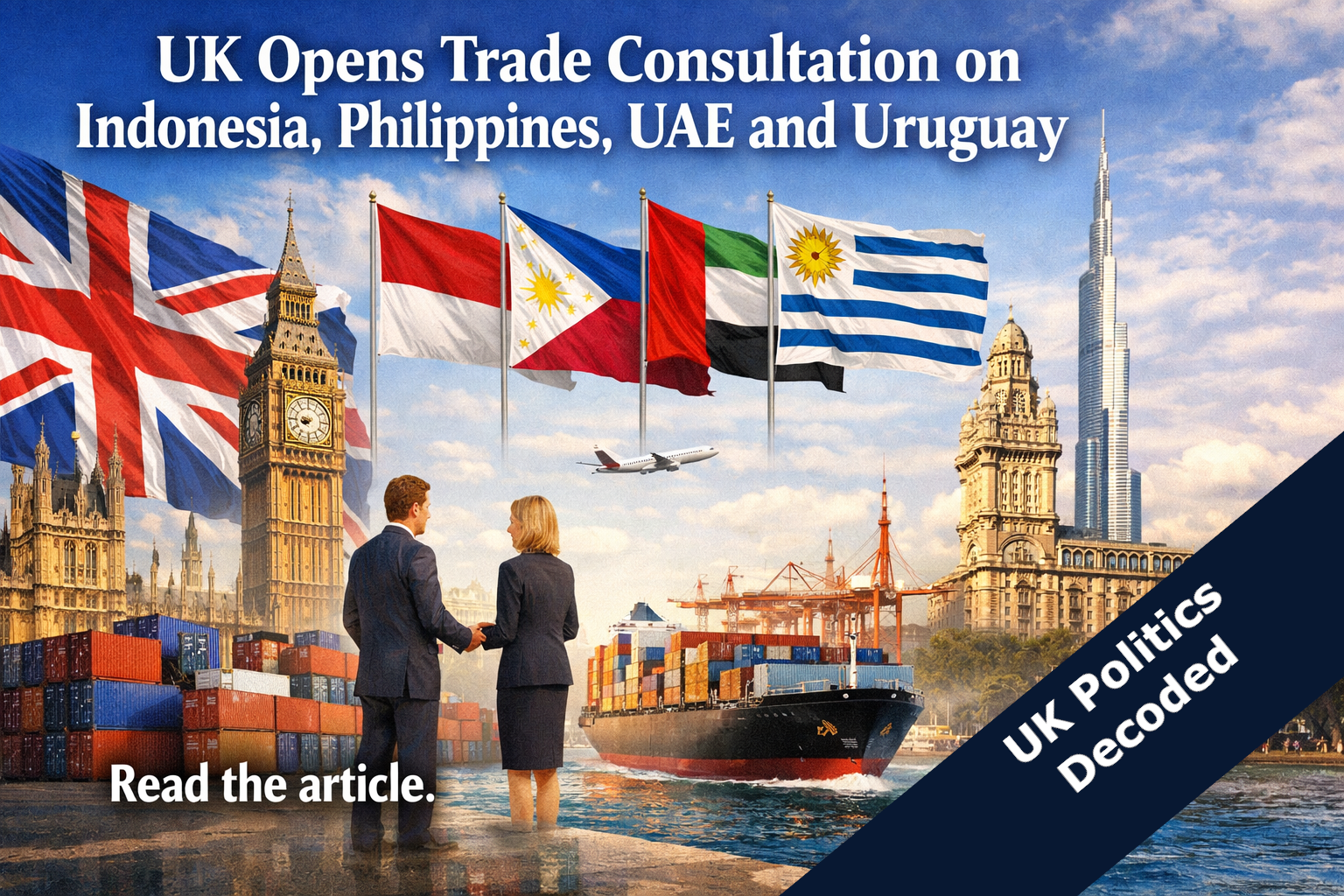 Illustration representing the UK government's trade consultation on deepening relationships with Indonesia, the Philippines, the UAE and Uruguay through CPTPP accession or bilateral free trade agreements, July 2026