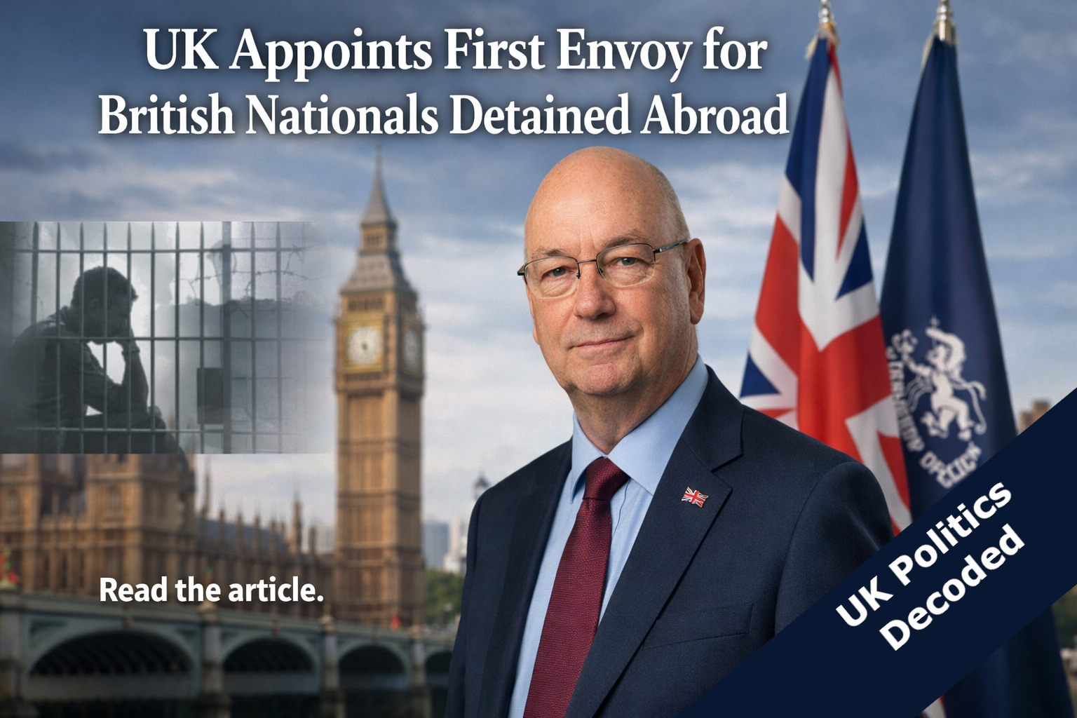Illustration representing the UK government's appointment of Alistair Burt as the first ever envoy for complex consular cases involving British nationals detained abroad, July 2026