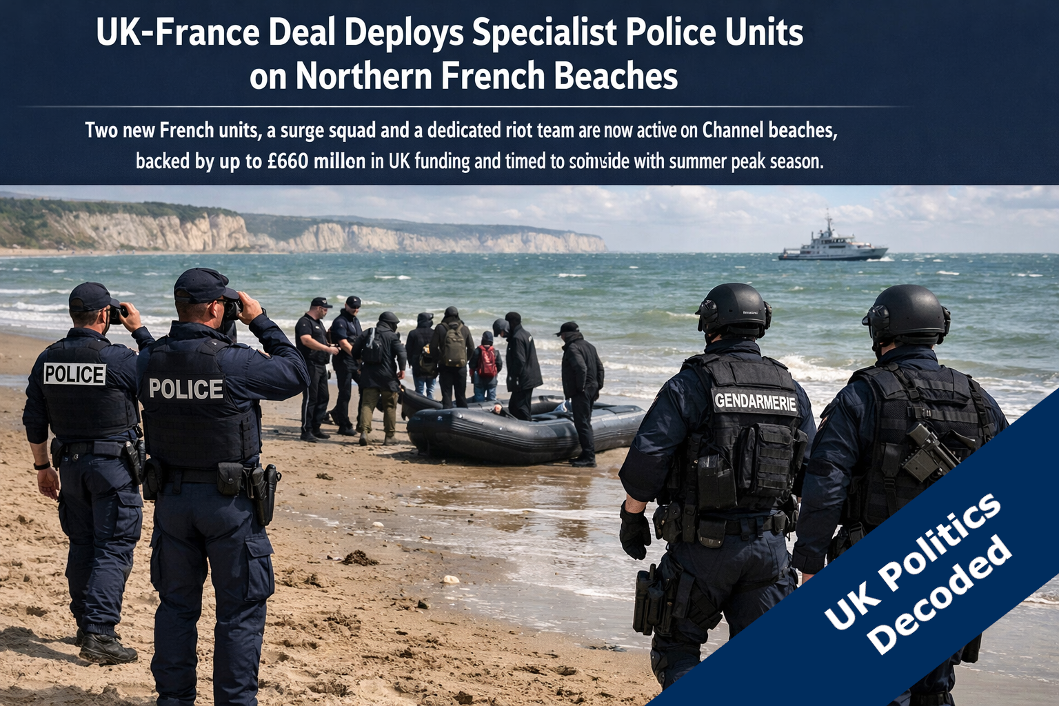 Police officers patrolling a beach in Northern France as part of the UK-France small boats enforcement deal
