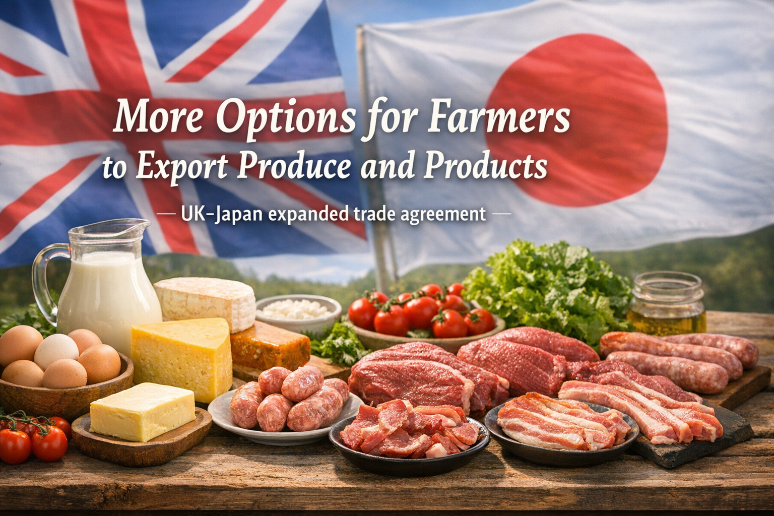 British organic farm produce with UK and Japan flags representing the new trade arrangement