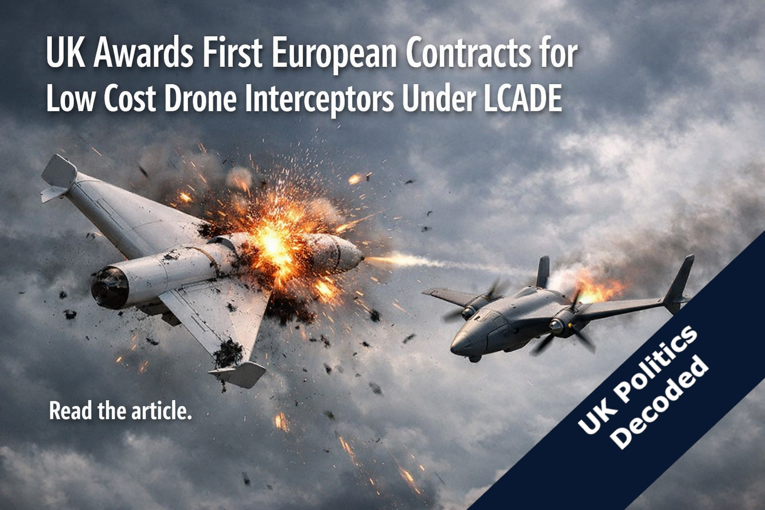 Illustration representing the UK Ministry of Defence's LCADE programme contracting three SMEs to develop low cost drone interceptors as part of the five nation LEAP European air defence initiative