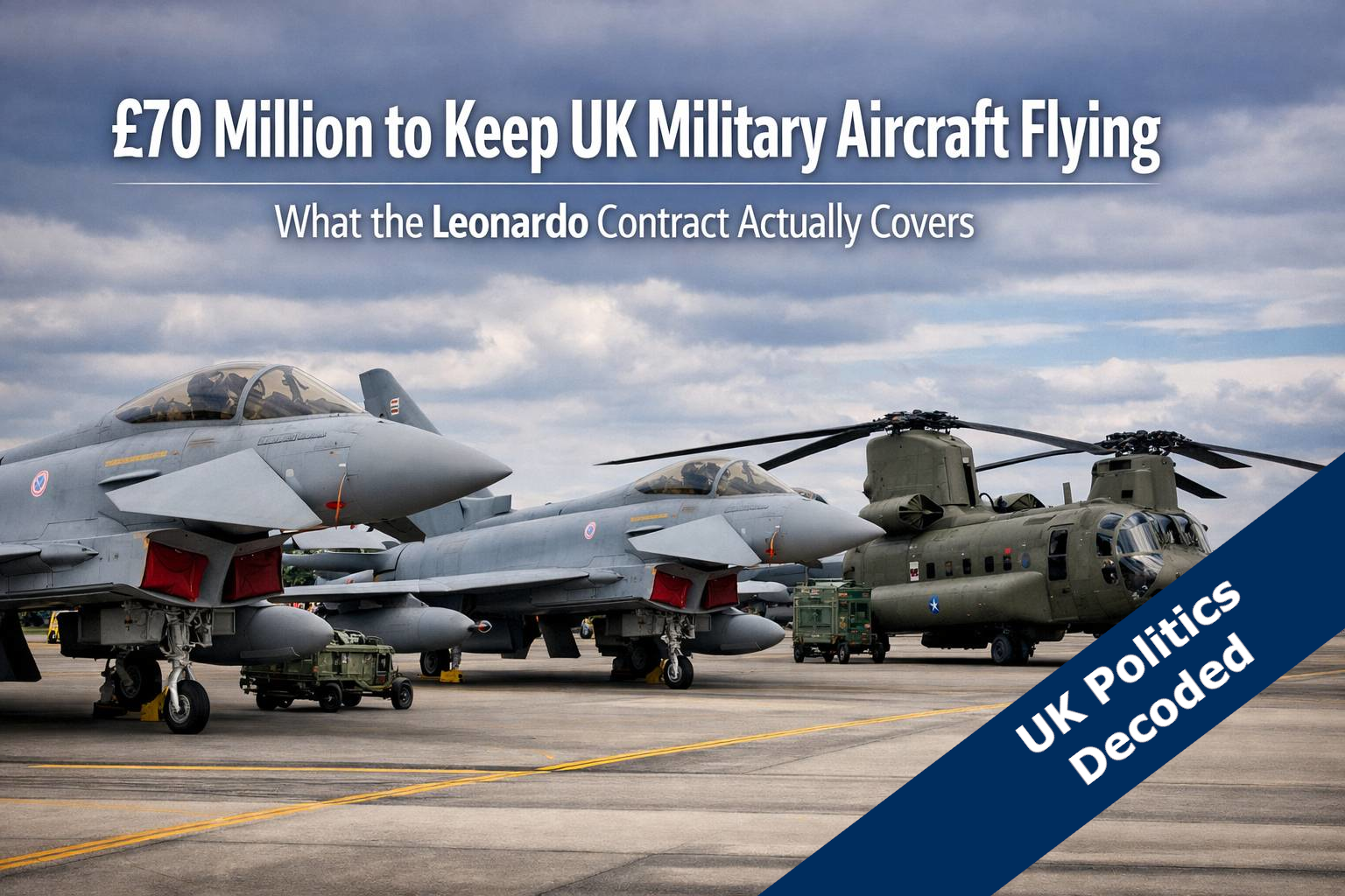 UK military aircraft including Typhoon fighter jets and Chinook helicopters on an airfield