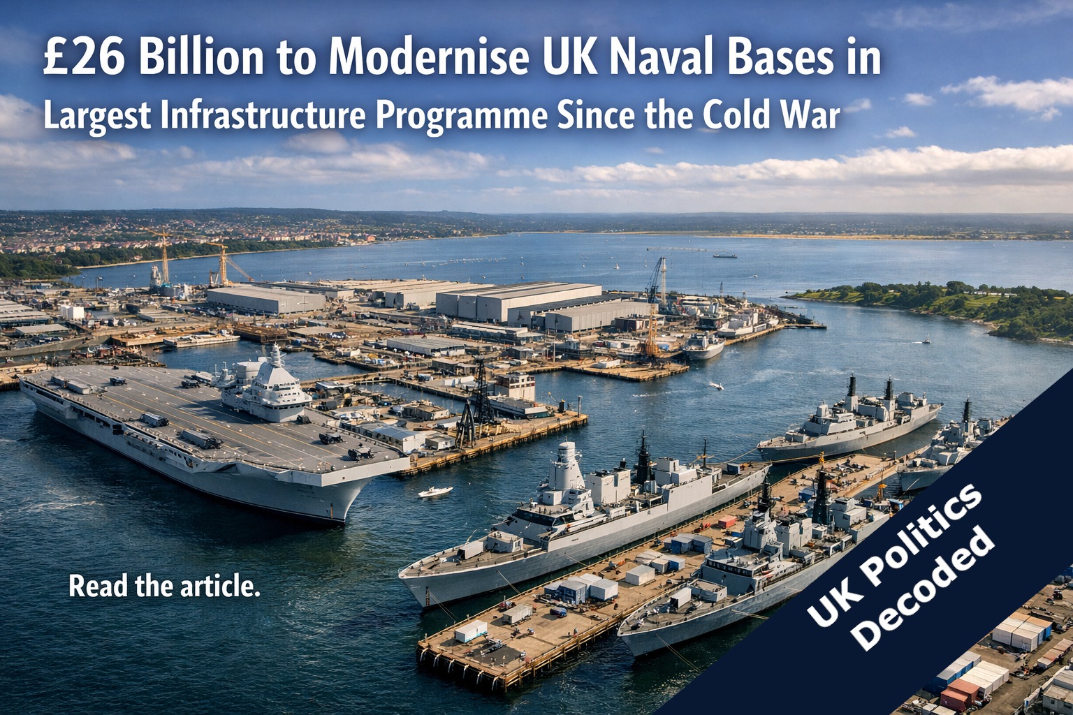 Aerial view of a Royal Navy naval base with warships at dock, representing the UK government's £26 billion naval infrastructure investment programme announced in July 2026