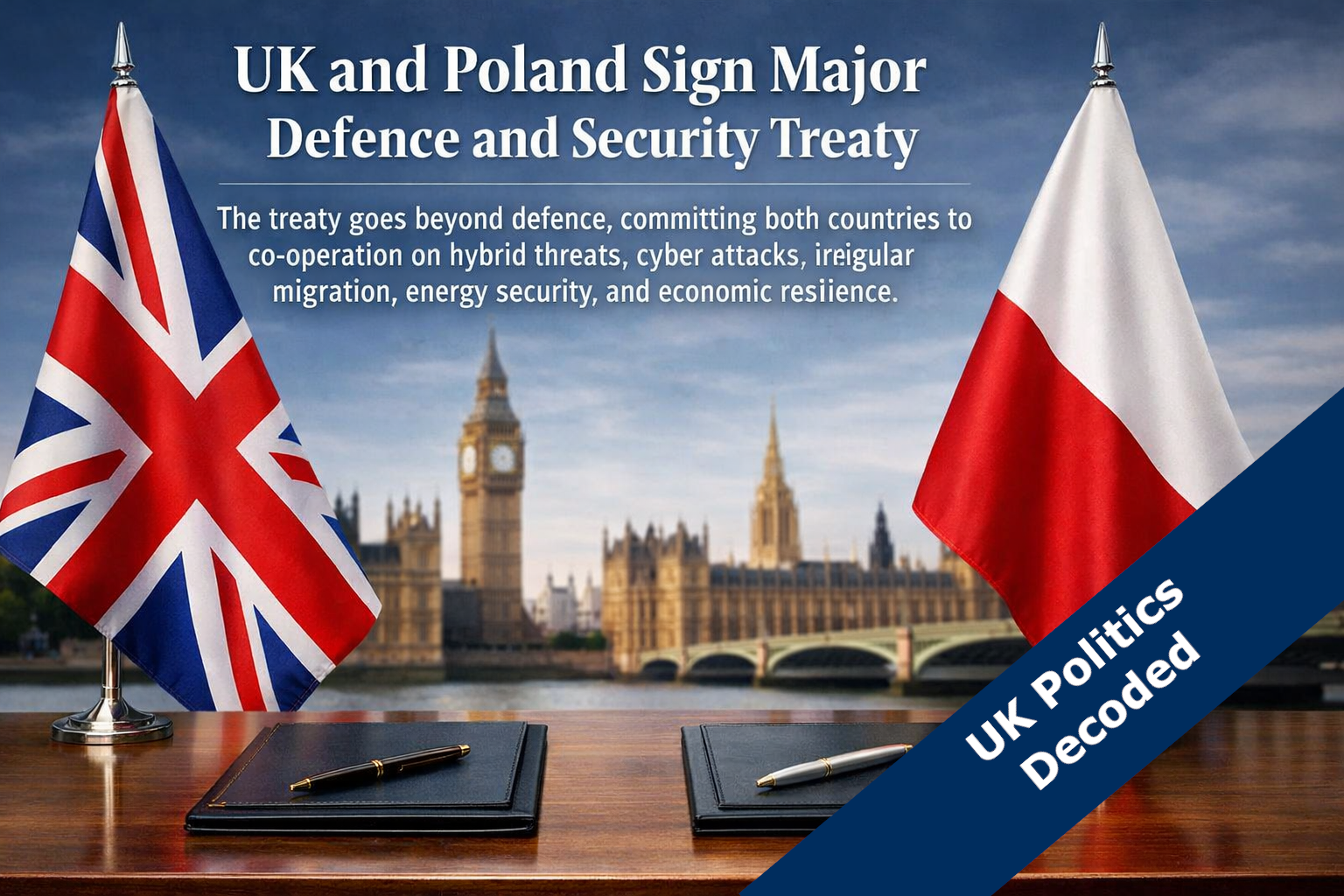 UK and Polish flags side by side representing the new defence and security partnership treaty signed in London in May 2026