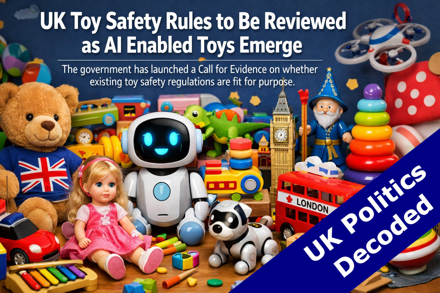 A colourful collection of children's toys representing the UK government's toy safety Call for Evidence launched July 2026