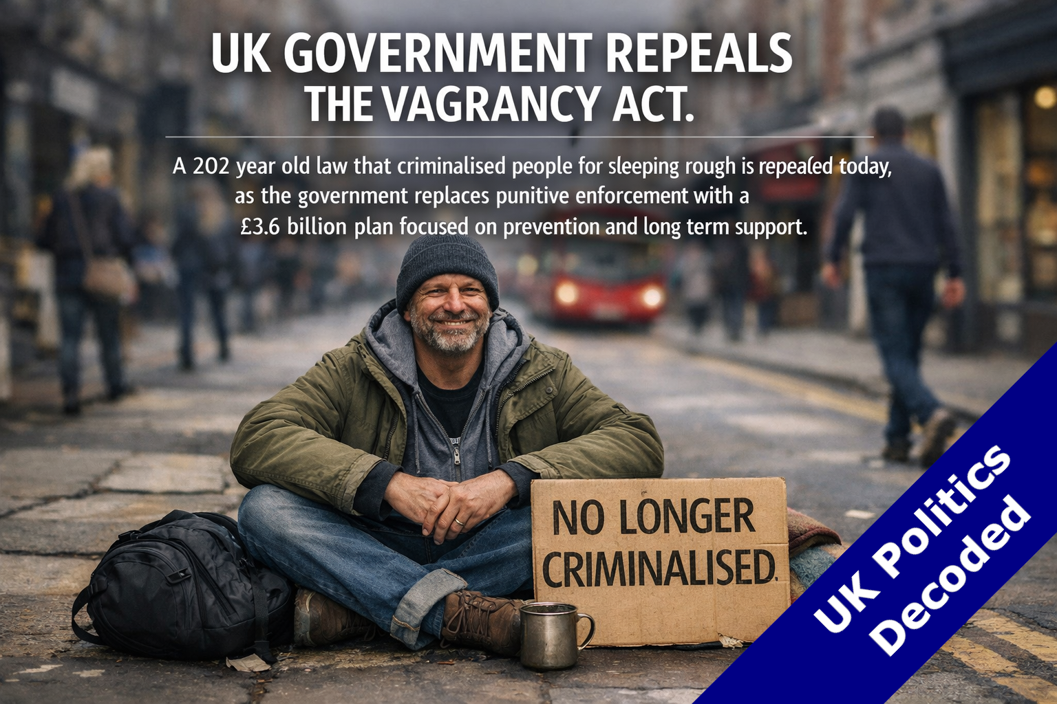 A person sitting on a pavement in an urban street, representing the repeal of the Vagrancy Act 1824 and the end of the criminalisation of rough sleeping in England and Wales