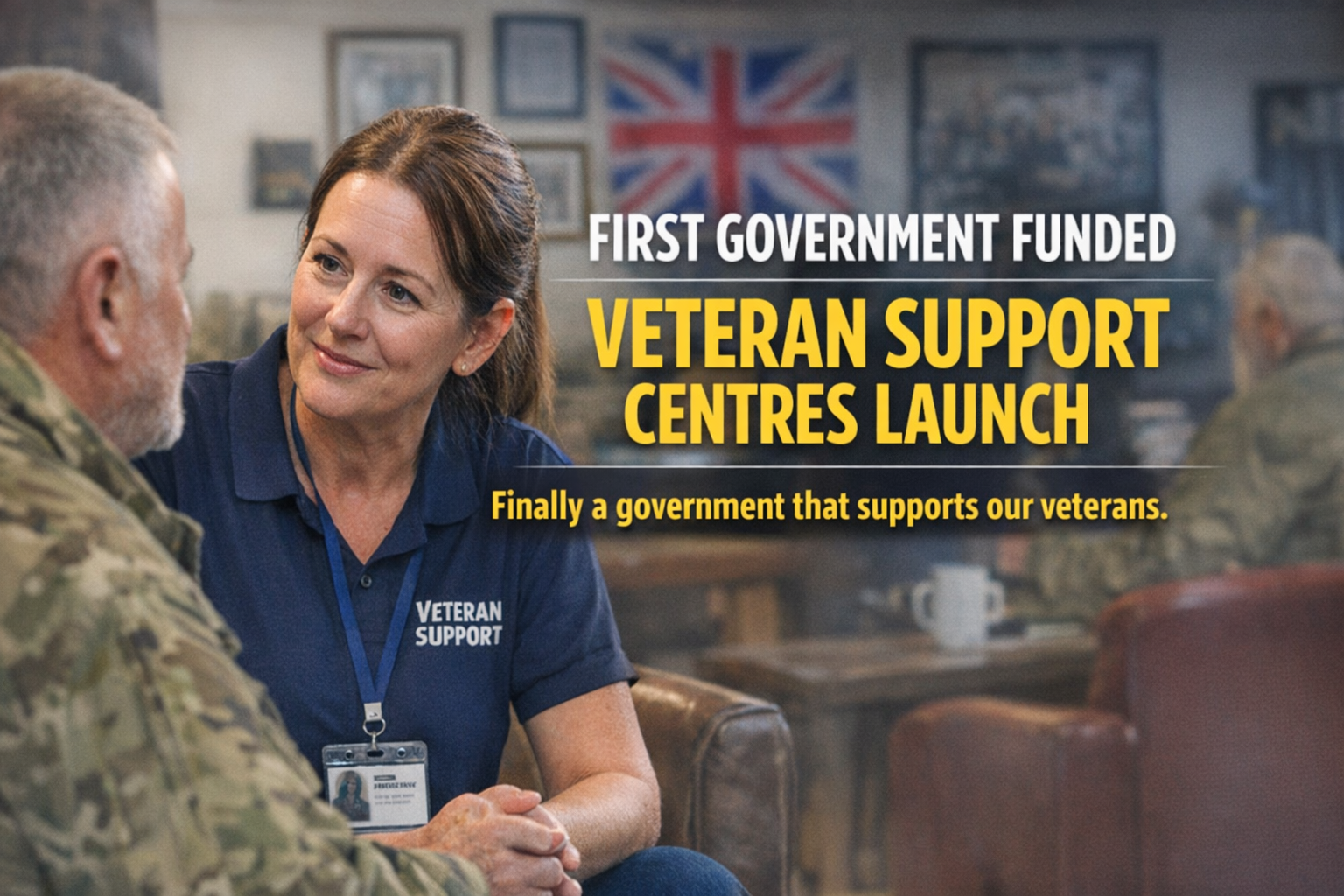 Veteran support worker speaking with an ex-forces person at a community centre, representing the VALOUR network of government funded veteran support hubs