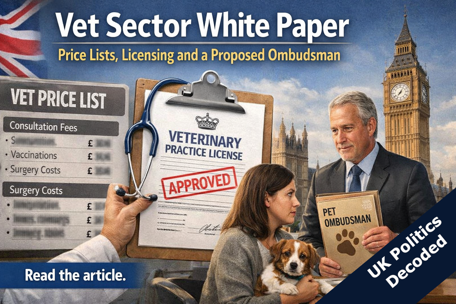 Illustration representing the UK government's 2026 veterinary sector White Paper, covering price transparency, mandatory practice licensing and a proposed ombudsman for pet owners
